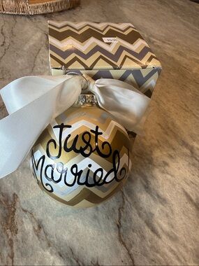 Coton Colors Gold Chevron "Just Married" Ornament with Cream Bow